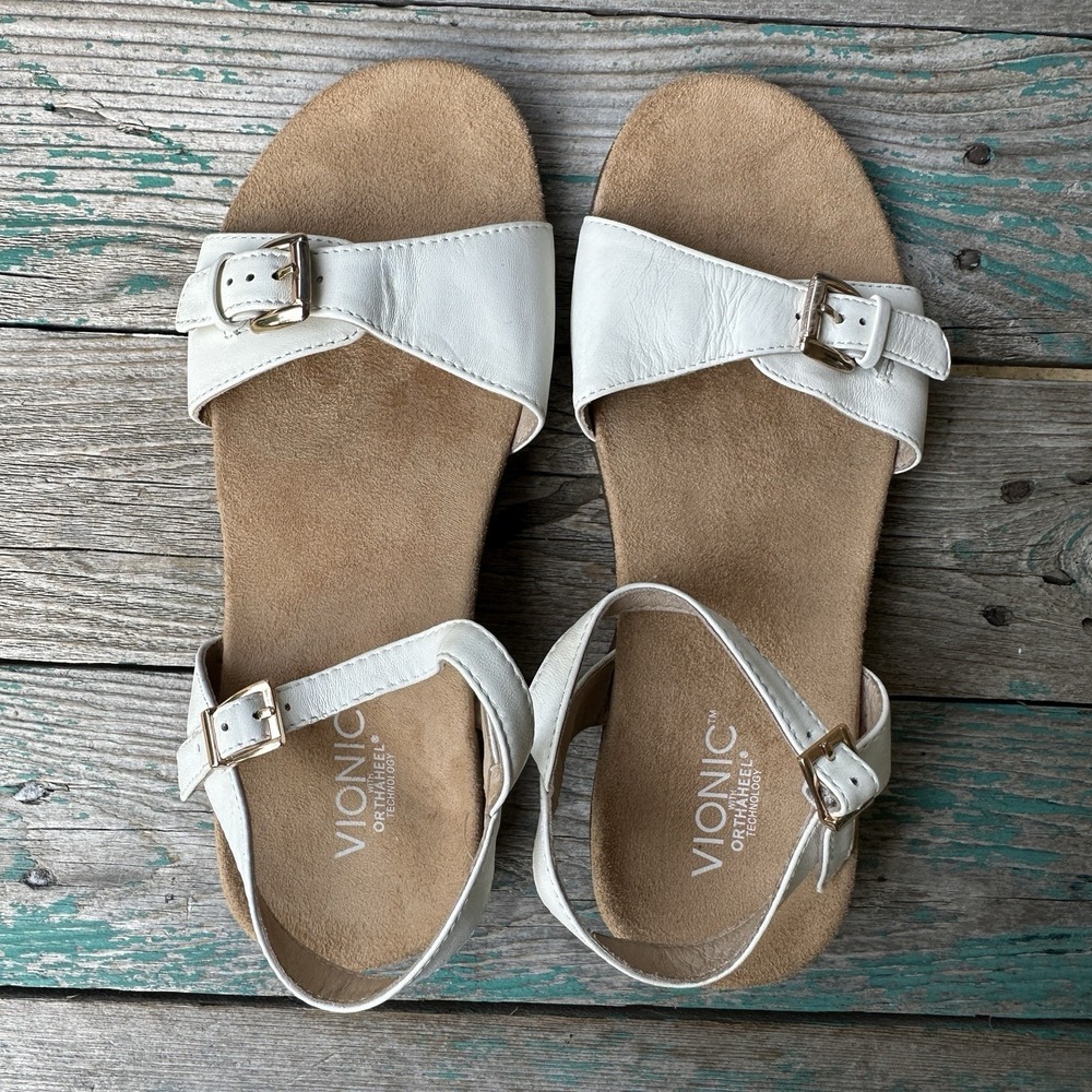 Vionic Alita Orthotic Sandals Women's Size 7 US Leather Ankle Strap Gold Buckles